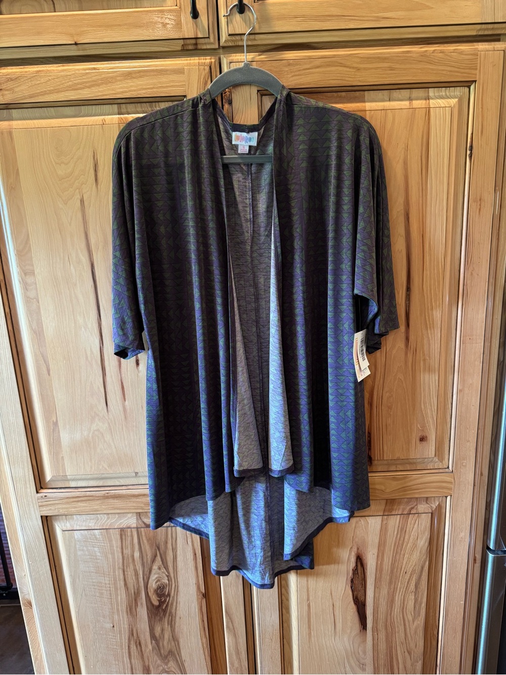 LuLaRoe Purple Cardigan with Olive Geometric Print